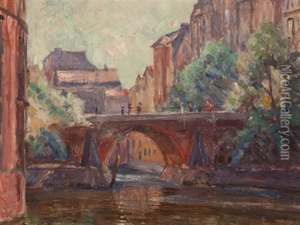 Stadthaus Bridge Hamburg Oil Painting - Hugo Volkwarth