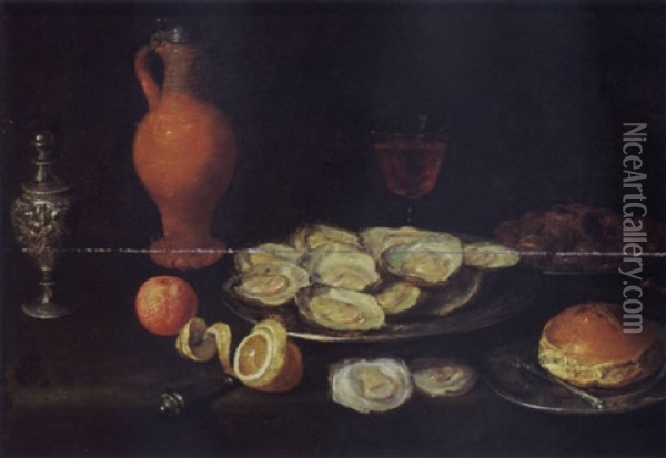 A Still Life With Oysters, Chestnuts, And A Roll Together With A Fork, All On Pewter Plates, A Peeled Lemon, An Orange And Other Items On A Draped Table Oil Painting - Jacob Fopsen van Es