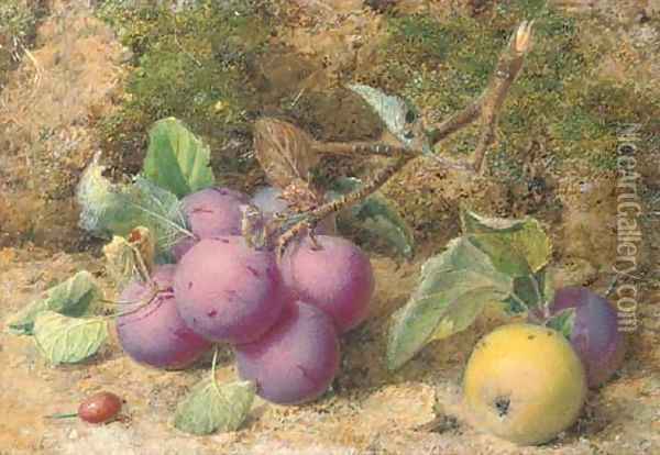 Still life of plums and an apple on a mossy bank Oil Painting - William B. Hough