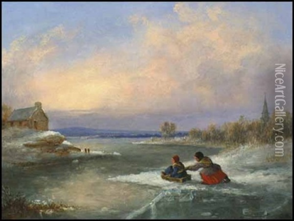 Children Playing With Home-made Sleigh Oil Painting - Cornelius David Krieghoff