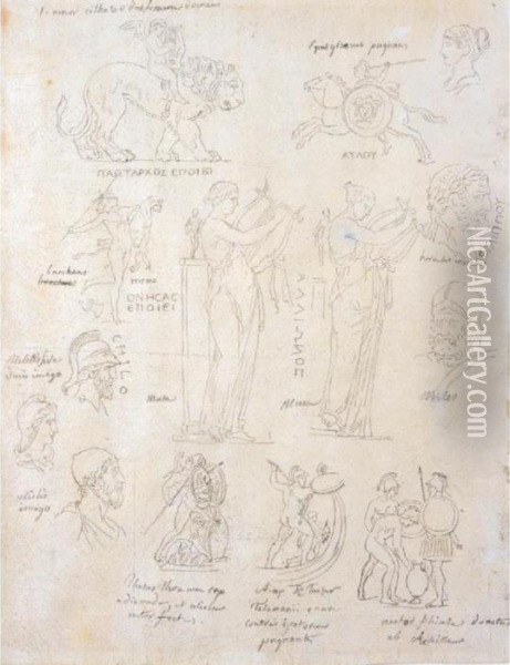 A Sheet Of Studies Of Classical Figures, Groups Of Soldiers And Heads In Profile Oil Painting - Jacques Louis David