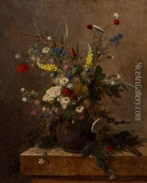 Still Life With Wild Flowers In An Earthenware Vase On A Plinth Oil Painting - Jean Alexandre Remy Couder