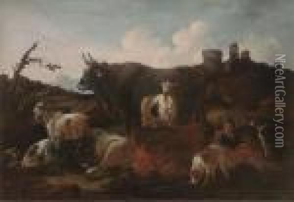 A Shepherd With Cattle And Dogs By Ruins In An Italianatelandscape Oil Painting - Philipp Peter Roos