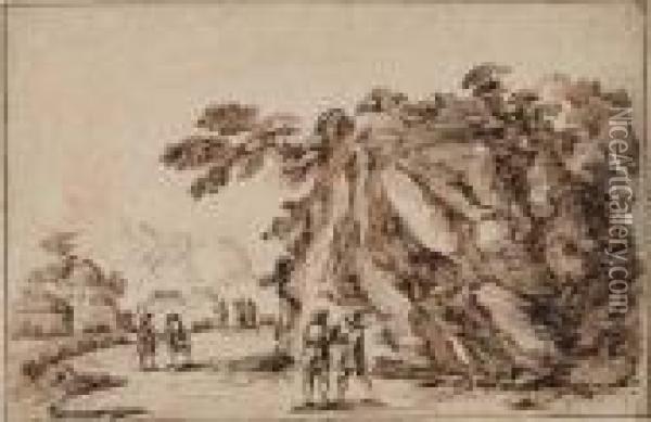 Landscape With A Rocky Outcropping And Soldiers Oil Painting - Guercino