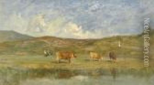 Sommerliche Landschaftspartie Mit Kuhen Bei Einem Teich. Oil Painting - Adolphe Appian