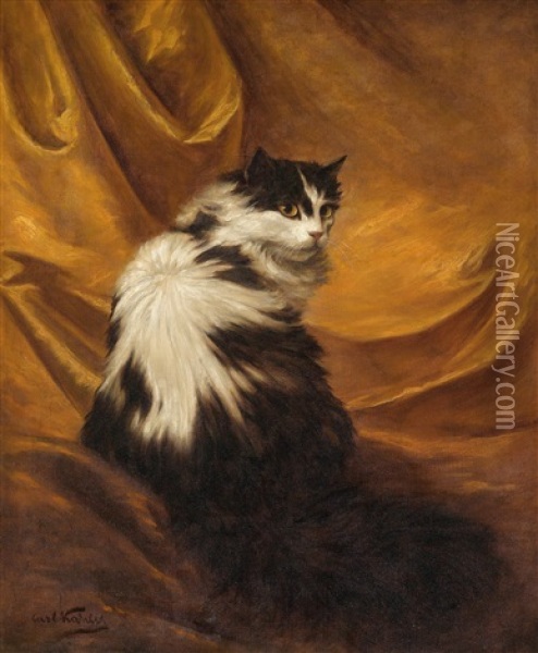 Schwarzweise Katze Vor Rotem Vorhang Oil Painting - Carl Kahler