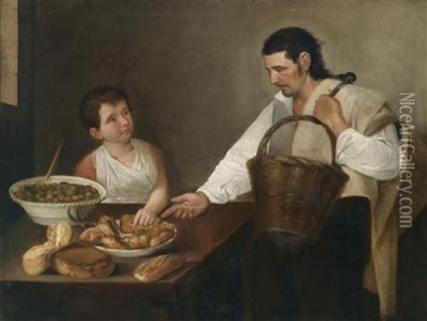 A Fishmonger With Another Figure In An Interior Oil Painting - Antonio Puga