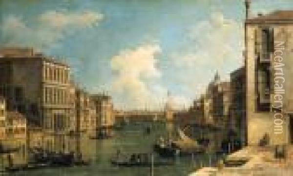 The Grand Canal, Venice, Looking
 East From The Campo Di San Vio,with The Palazzo Corner, Barges And 
Gondolas, The Dome Of Santamaria Della Salute, The Dogana And The Riva 
Degli Schiavonibeyond Oil Painting - (Giovanni Antonio Canal) Canaletto