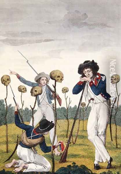 The Skulls of Lieutenant Leppar and six of his men, from Narrative of a Five Years Expedition against the Revolted Negroes of Surinam, by J.G. Stedman, 1796 Oil Painting - John Gabriel Stedman