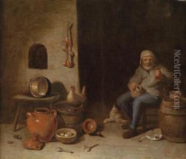 A Peasant Interior With A Man Drinking Oil Painting - Egbert van der Poel