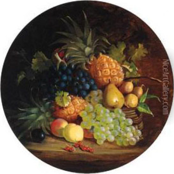 Grapes, Pears, Apples, Redcurrants And Pineapples In A Wickerbasket, On A Table Oil Painting - Eloise Harriet Stannard