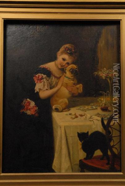 The Tea Party, Lady With Pug And Black Cat Oil Painting - Mary Ellen Freer Edwards