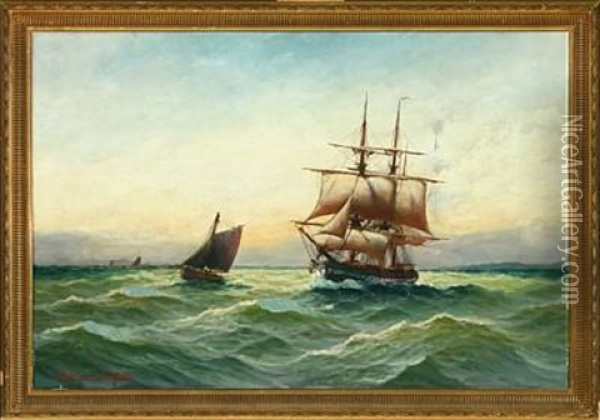 Seascape With Ships Oil Painting - Alfred Serenius Jensen