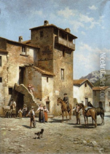 Une Rue A Anticoli Corrado (italie) Oil Painting - Jacques Francois Carabain