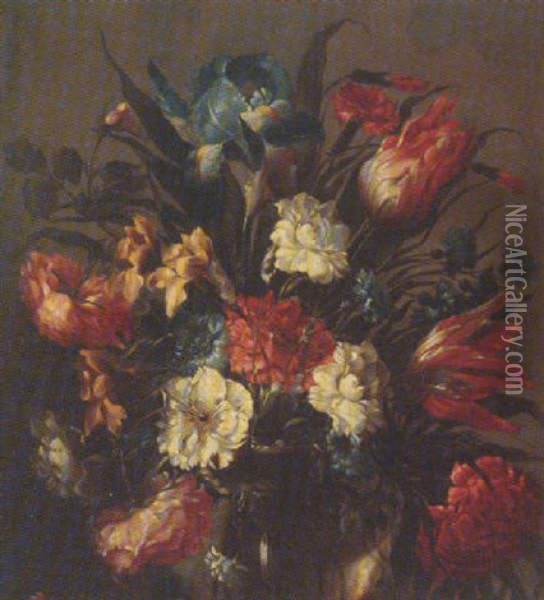 Still Life Of Tulips, Roses, An Iris And Other Flowers, In A Glass Vase Oil Painting - Juan De Arellano