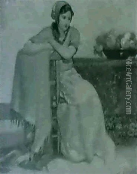 A Pensive Girl Oil Painting - Myron Barlow