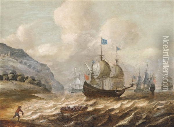 Men-o'war Off A Rocky Headland Oil Painting - Cornelis Verbeeck