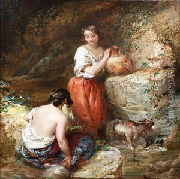 Young Maids Fetching Water At A Spring Oil Painting - Alfred Joseph Woolmer
