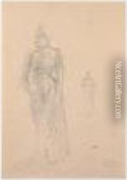 Stehende Dame Im Langen Kleid 
Nach Links (standing Female Figure In A Long Dress Facing Left) Oil Painting - Gustav Klimt