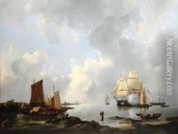 Bateaux Hollandais Au Mouillage Oil Painting - Johannes Christian Schotel