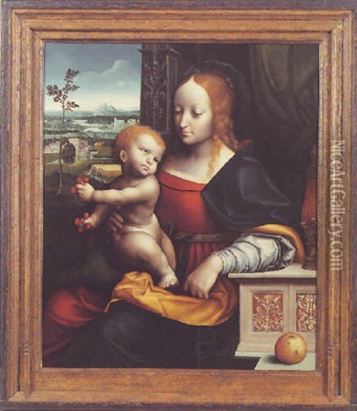 Vierge A L'enfant Sur Fond De Paysage Dite La Madone Aux Cerises Oil Painting - Cornelis van Cleve