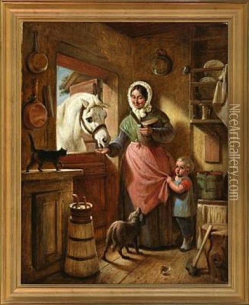 Scullery With Mother And Child Feeding A Horse Oil Painting - Nicolai Francois Habbe