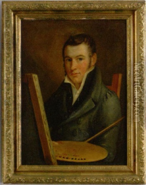 Self Portrait Of The Artist Sitting At An Easel With A Canvas And His Palette Oil Painting - Francis Martin Drexel