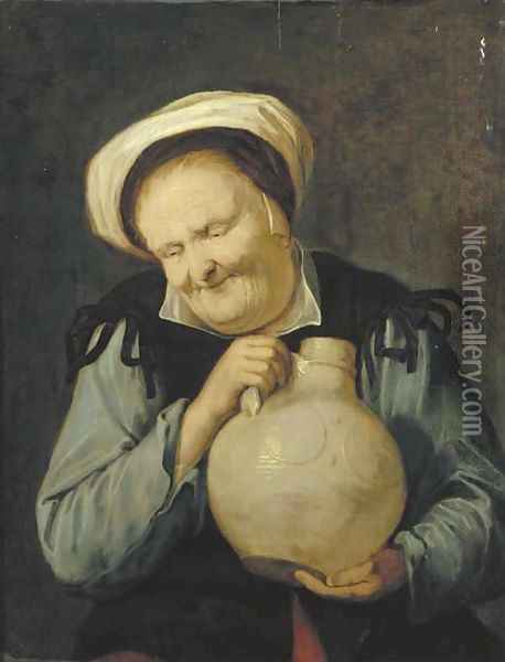 An old woman holding a stoneware vessel Oil Painting - David The Younger Ryckaert