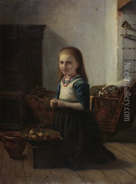 Interieur Mit Madchen Beim Kartoffelschalen Oil Painting - Jacob Isaac Meyer de Haan
