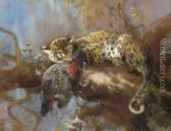 A Leopard With Its Prey Oil Painting - Cuthbert Edmund Swan