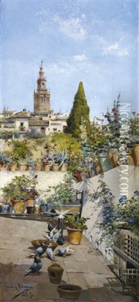 On A Sevillian Patio Oil Painting - Manuel Garcia y Rodriguez