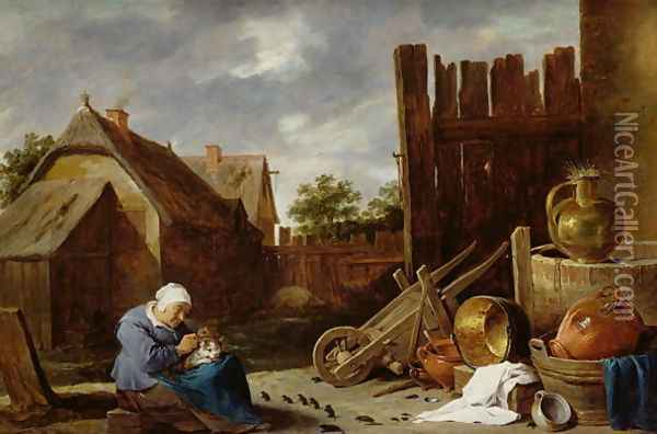 A cat tended by an old woman Oil Painting - David The Younger Teniers