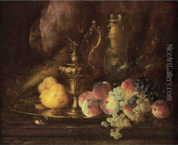 Still Life With Peaches, Grapes And Pitcher Oil Painting - Antoine Vollon