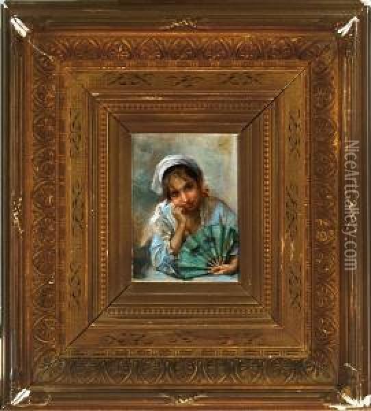Spanish Girl Holding A Fan Oil Painting - Manuel Wessel De Guimbarda