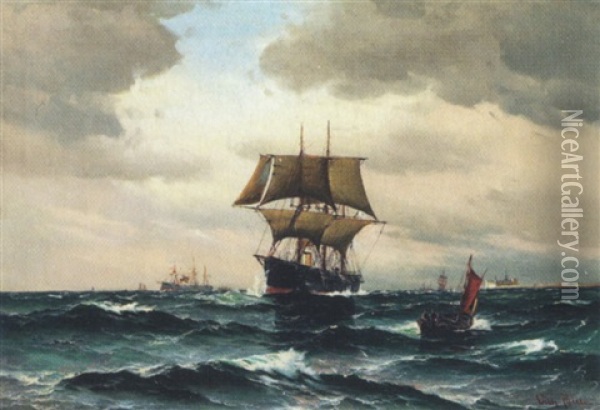 Damp- Og Sejlskibe Udfor Kronborg Oil Painting - Vilhelm Victor Bille
