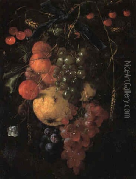 A Swag Of Fruit Tied With A Blue Ribbon, With Insects On The Fruit Oil Painting - Cornelis De Heem