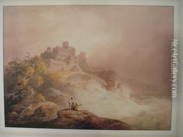 Figures Before A Castle On A Seashore Oil Painting - Nicholson, F.