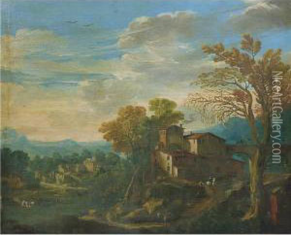 Paesaggio Fluviale Con Borghi Medievali E Viandanti Oil Painting - Gaetano Vetturali