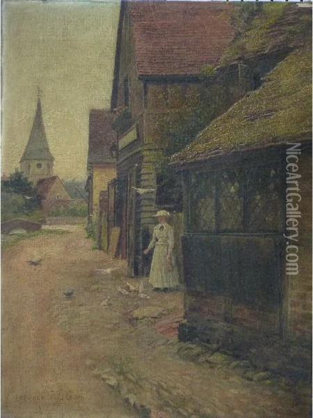 Lady Feeding Birds - Shere Village, Surrey Oil Painting - Florence Fitzgerald