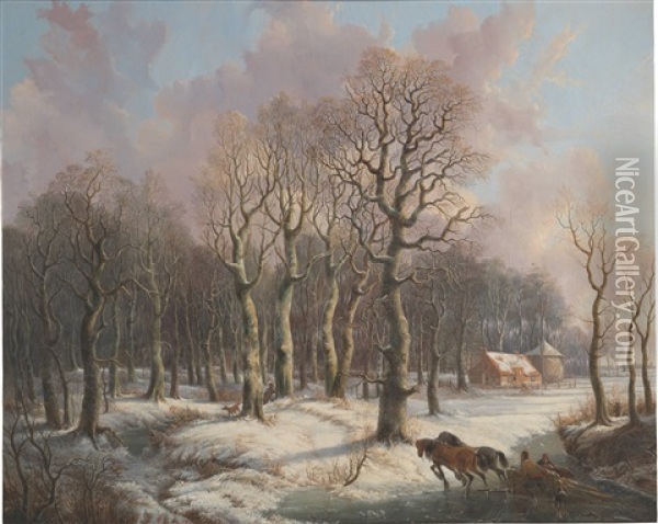 Wood Gatherers With A Horse Drawn Sleigh And A Hunter In A Wintry Forest Oil Painting - Adrianus Van Der Koogh
