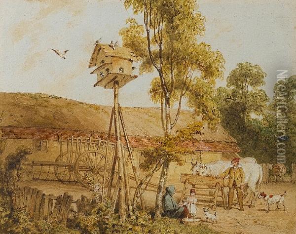 An Old Lady Sitting By A Tree; A Farmyard Scene With Dove Roosting Overhead Oil Painting - Richard Westall
