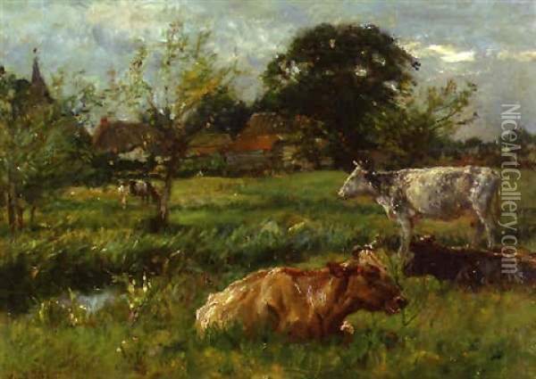 Cattle In A Watermeadow Oil Painting - Mark William Fisher
