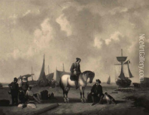 Disembarking The Fishing Boats On The Dutch Shore Oil Painting - Joseph Jansen