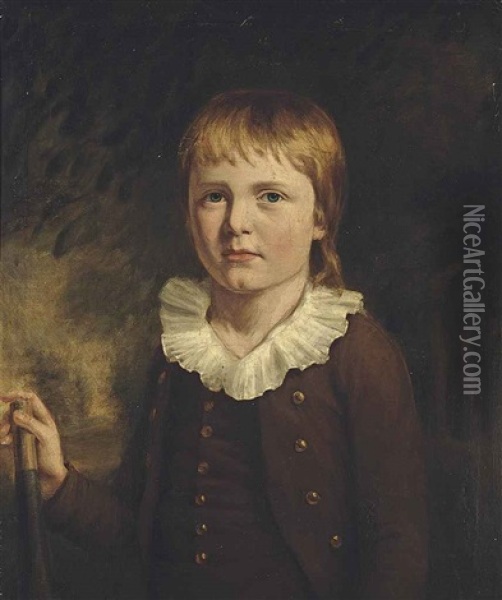 Portrait Of A Young Boy, Three-quarter-length, In A Brown Coat With A White Collar, His Right Hand On A Cricket Bat, In A Landscape Oil Painting - John Opie