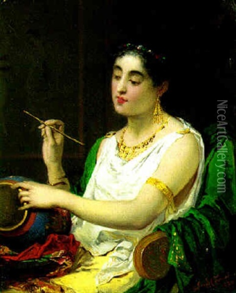 Woman Painting A Vase Oil Painting - Pierre Olivier Joseph Coomans