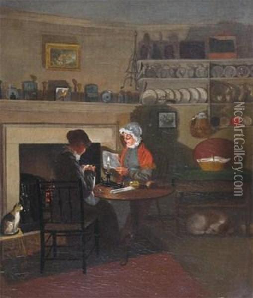 Interior Scene With Two Women By A Fire Oil Painting - Condy, Nicholas Matthews