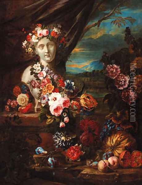 A bust on a pedestal adorned with garlands of flowers Oil Painting - Jacob Van Der Borcht