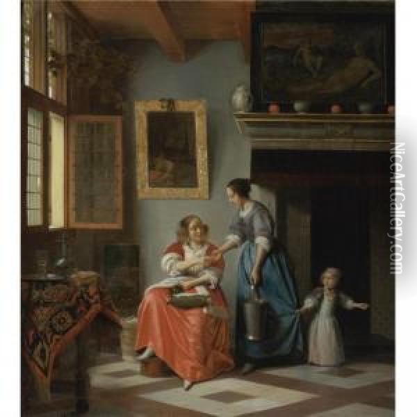 A Woman Handing A Coin To A Serving Woman With A Child Oil Painting - Pieter De Hooch