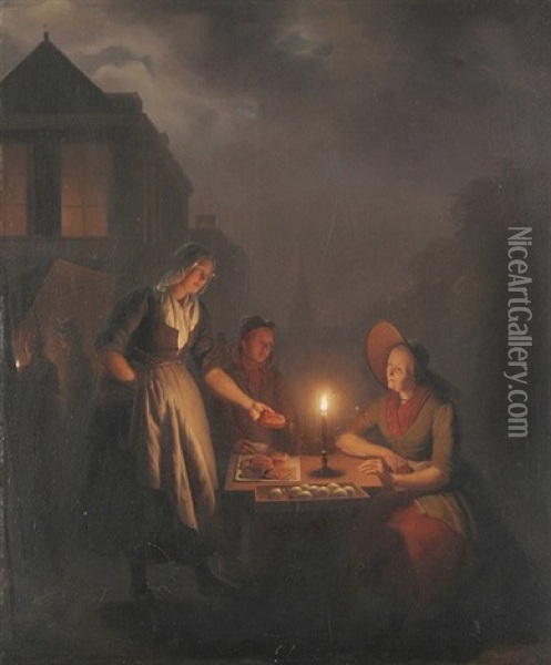 Abendmarkt. Alte Frau Bietet Bei Mondlicht Brotchen Und Apfel An Oil Painting - Petrus van Schendel
