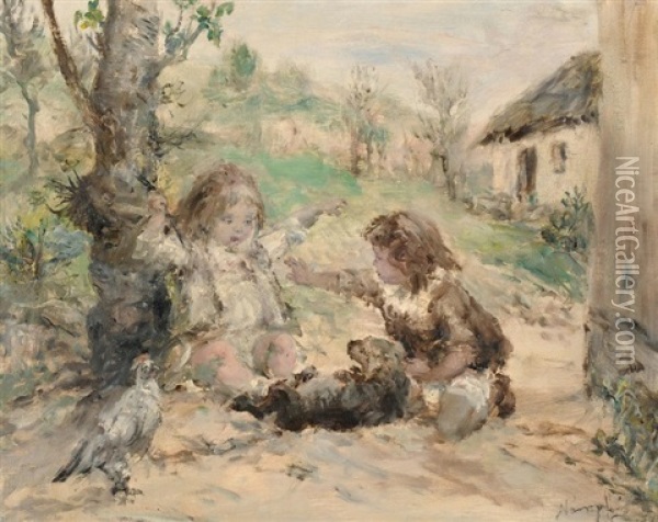 Spielende Kinder Mit Kleinem Hund Oil Painting - Aurel Naray